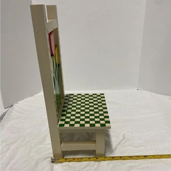 Vintage Hand Painted Wooden Doll Chair With Hand Carved Floral Cutout Design - Picture 4 of 9